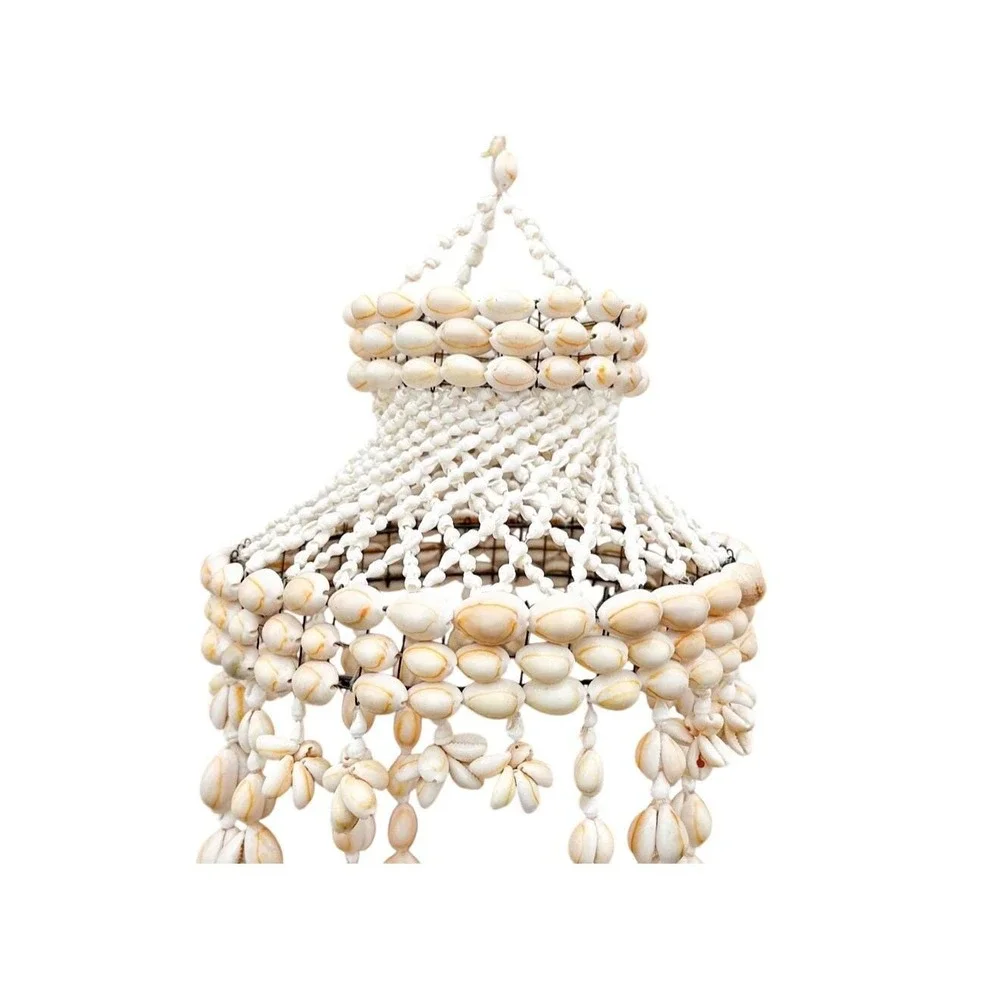 Vtg Cowrie Shell Hanging Plant Basket Boho Coastal Tiered‎ Seashell Hanger 1970s